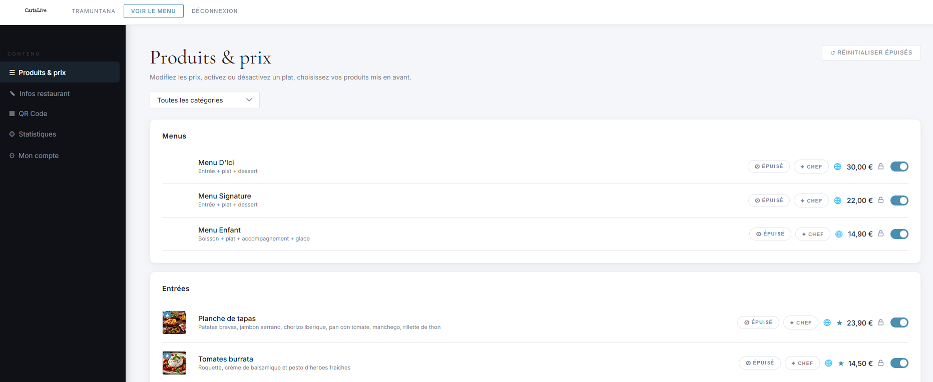 Back-office CartaLive : liste des produits et prix avec interrupteurs, badges « épuisé » et « suggestion du chef »