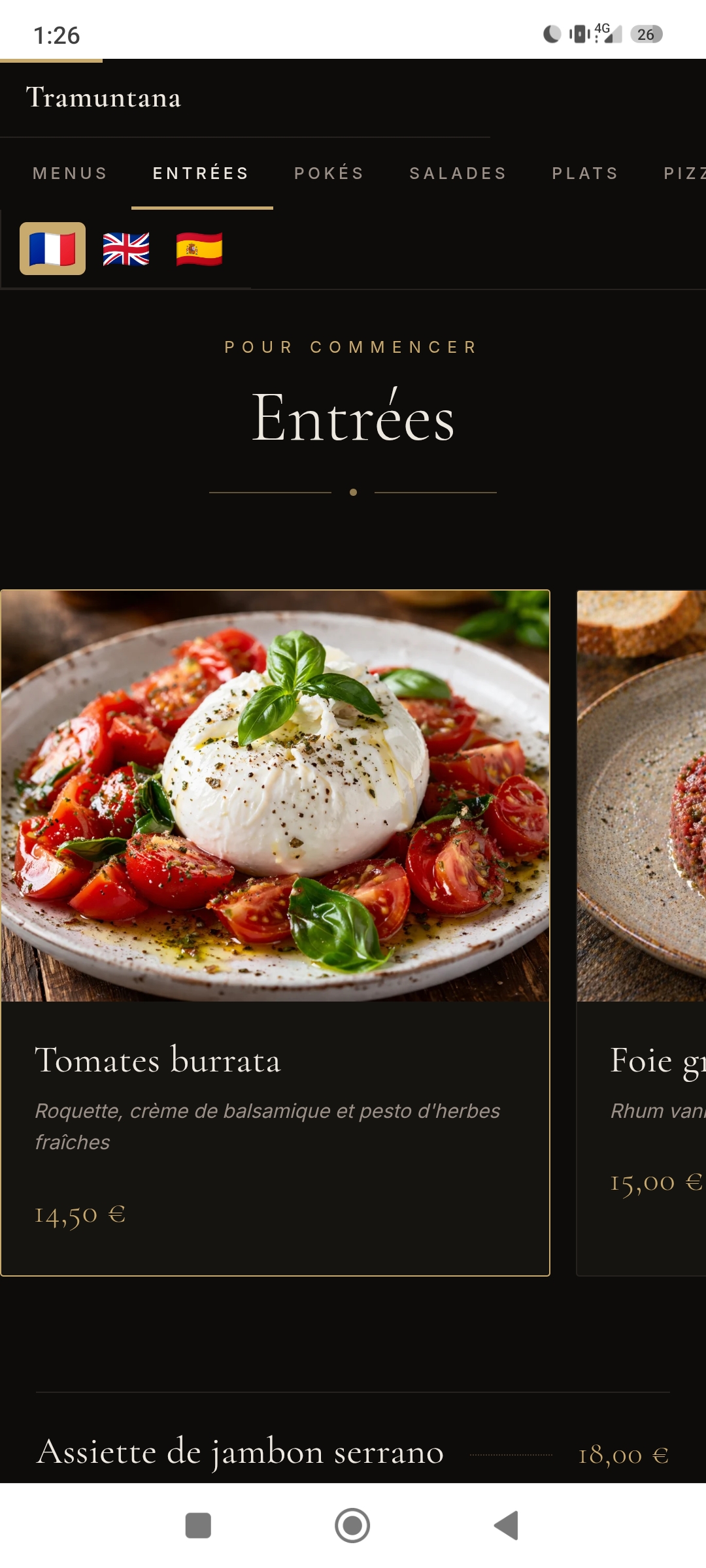 Carte digitale CartaLive du restaurant Tramuntana affichée sur un téléphone, avec photo de plat, description et prix