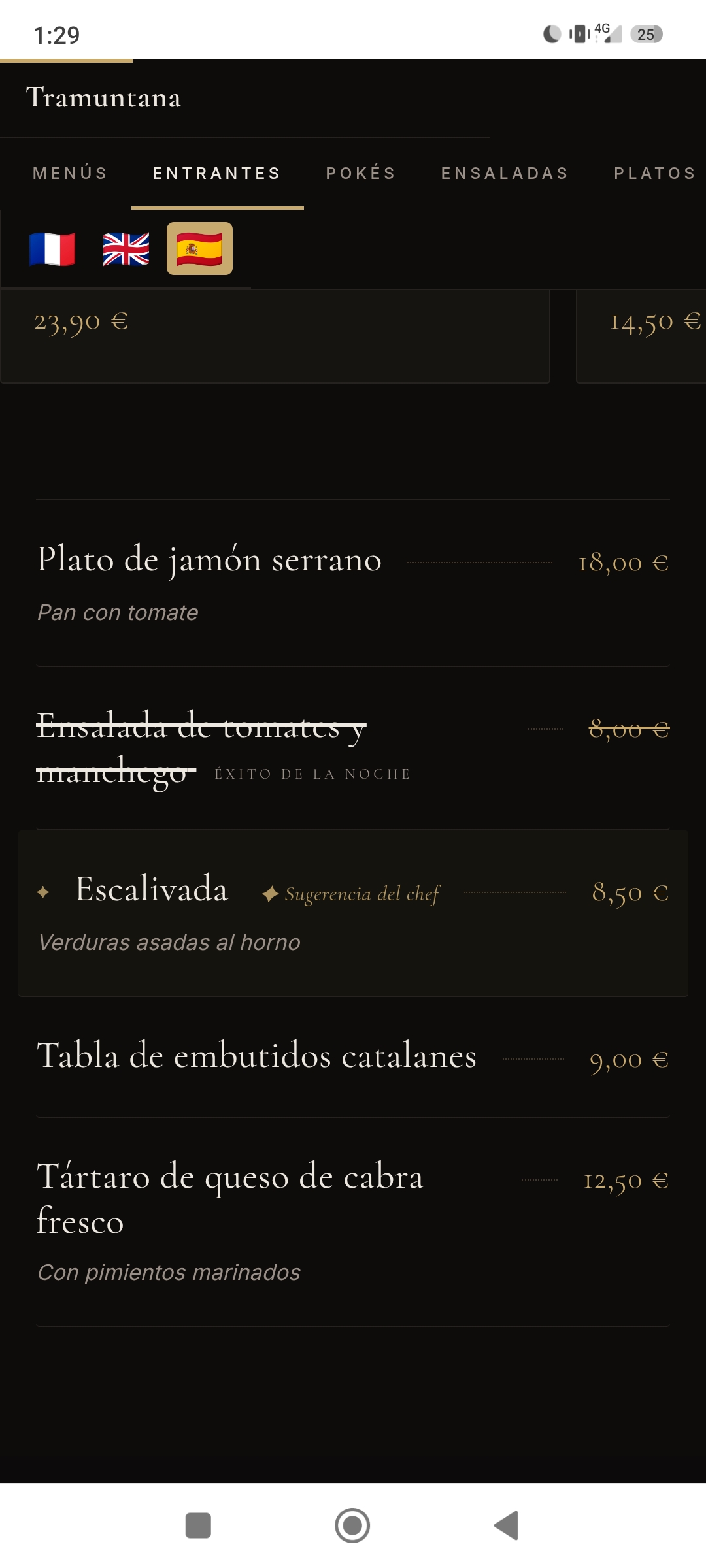 La même carte en espagnol, avec un plat barré marqué épuisé et une suggestion du chef mise en avant