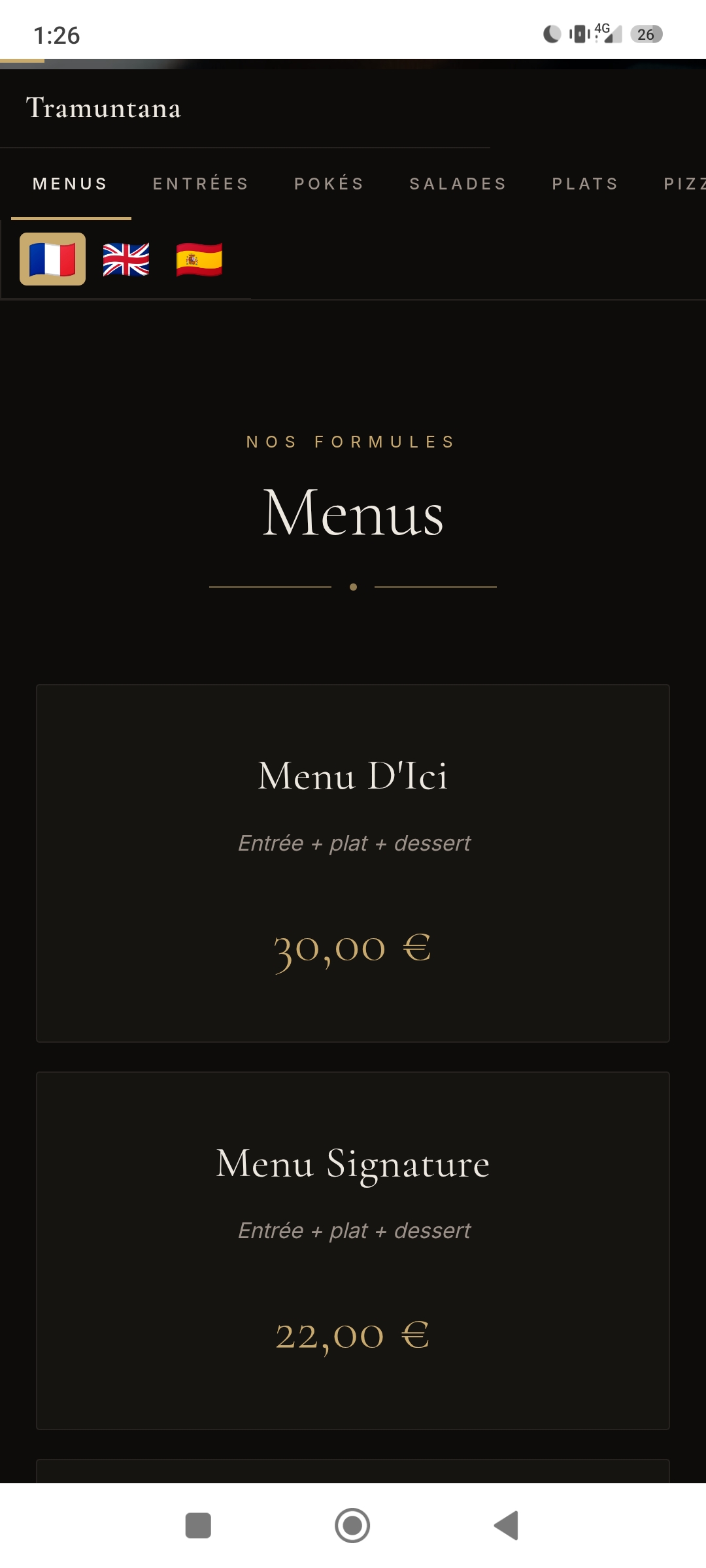 Page des menus et formules de la carte Tramuntana avec les prix