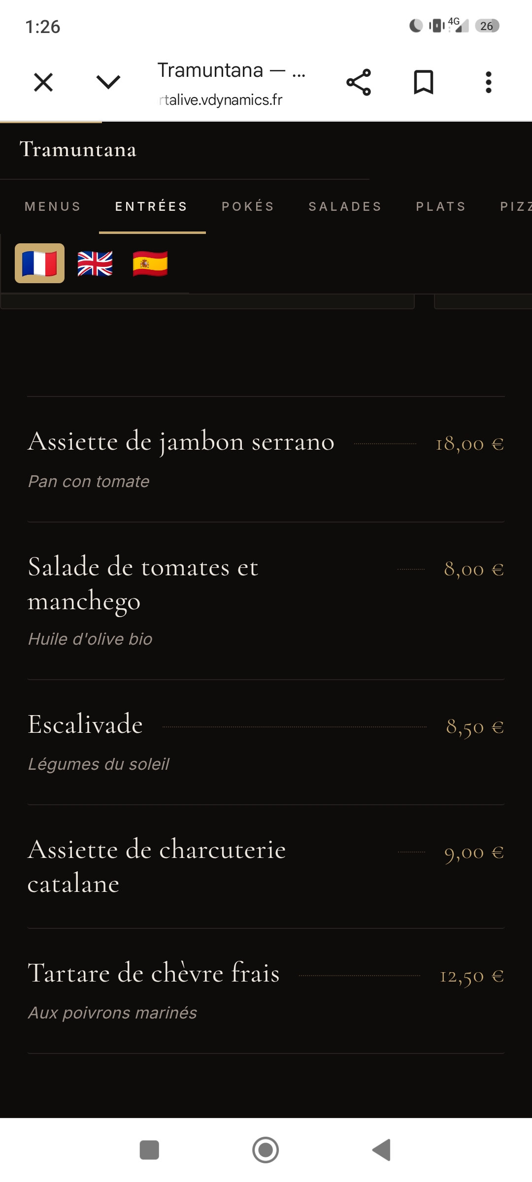 Liste des entrées de la carte Tramuntana en français, avec les prix alignés